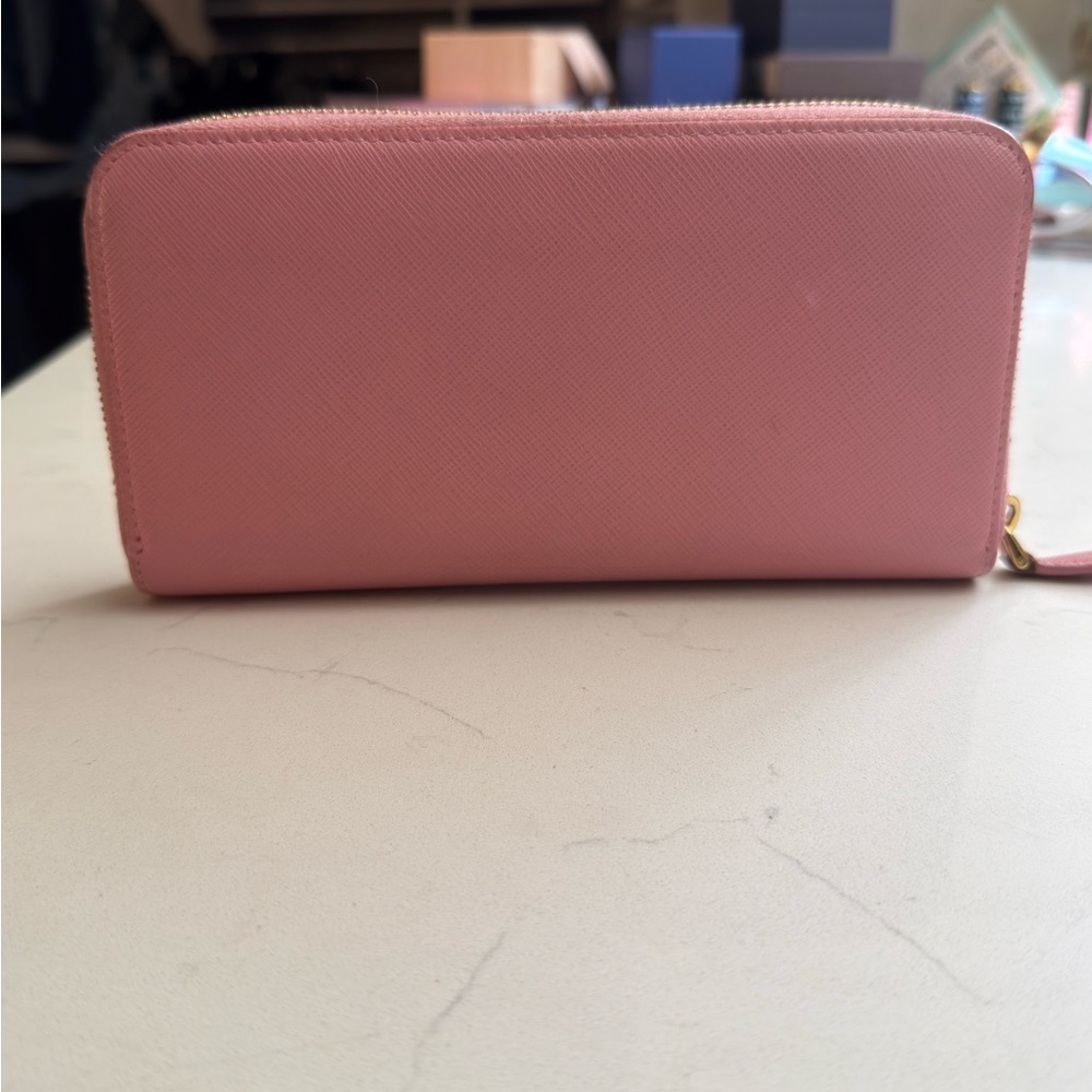 Prada Saffiano Zip Around Wallet Pink Gold Logo Continental - Picture 3 of 15